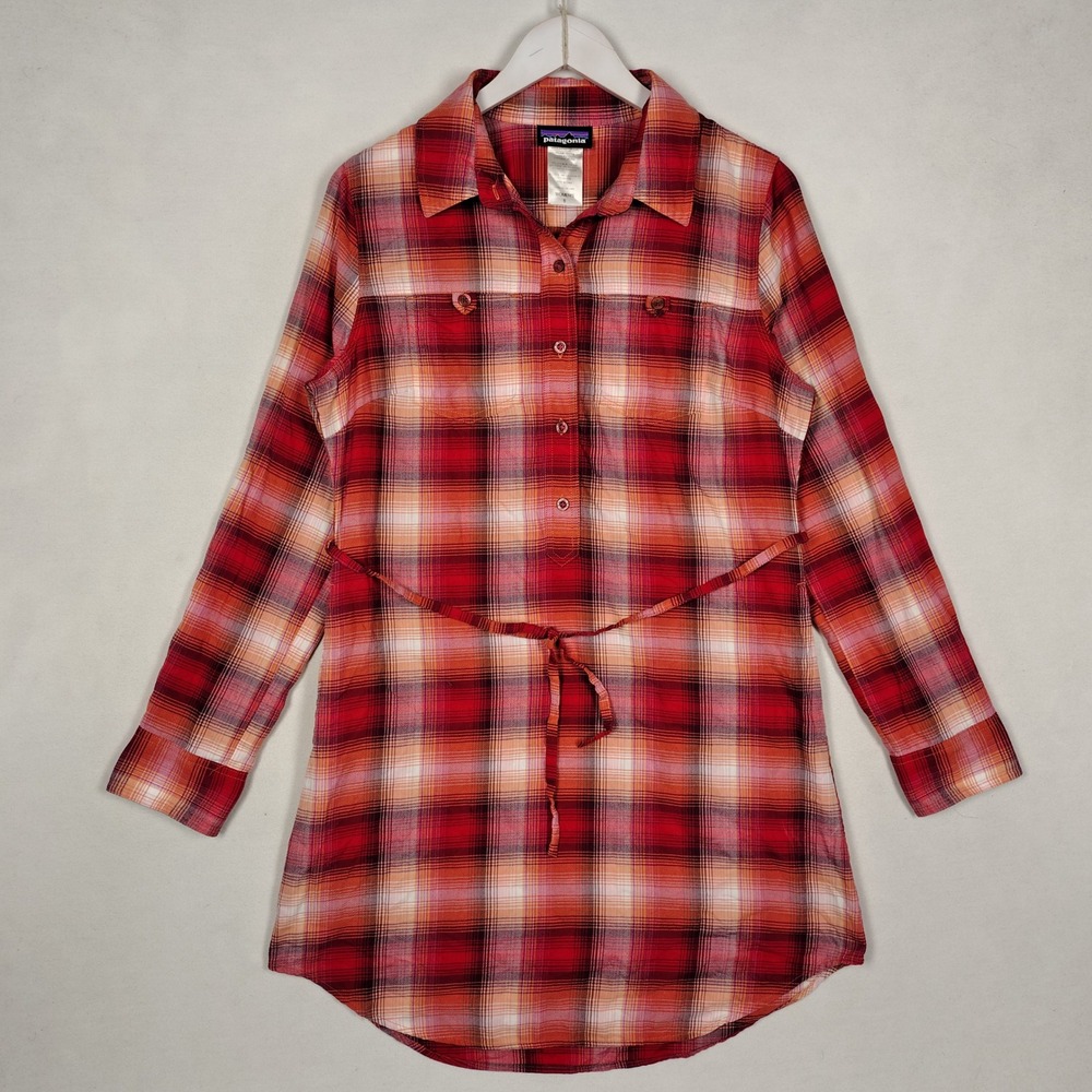 Patagonia Womens 8 Plaid Button Down Shirt Dress Red Orange Organic Cotton Blend